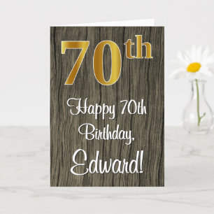 70th Birthday: Elegant Faux Gold Look #, Faux Wood Card