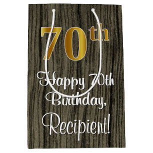 70th Birthday: Elegant Faux Gold Look #, Faux Wood Medium Gift Bag