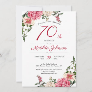 70th Birthday Elegant Floral Pink Red Custom Party Invitation