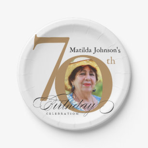 70th Birthday Elegant Gold White Calligraphy Photo Paper Plate