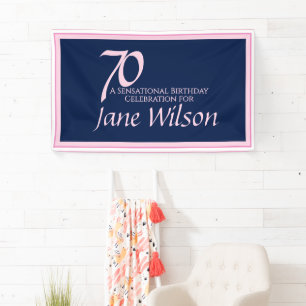 70th Birthday Elegant Pink & Navy Banner