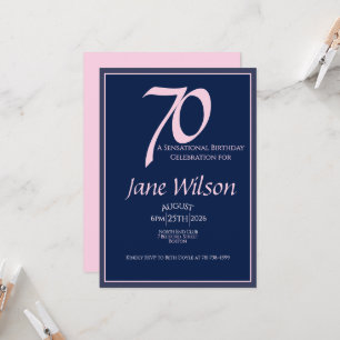 70th Birthday Elegant Pink, Navy Modern Script Invitation