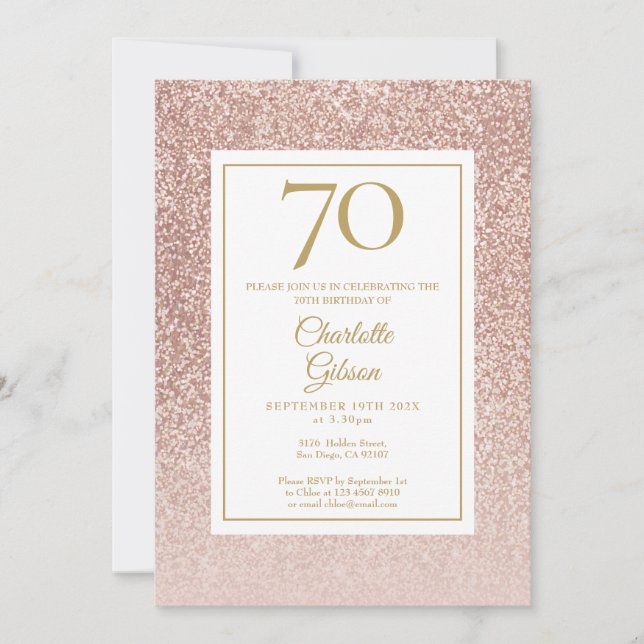 70th Birthday Elegant Rose Gold Glitter Invitation (Front)