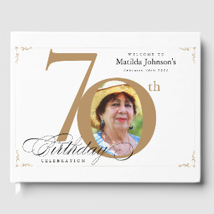 70th Birthday Elegant White Gold Calligraphy  Guest Book