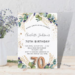 70th birthday eucalyptus greenery glitter elegant invitation<br><div class="desc">For a 70th birthday party. A white background decorated with eucalyptus greenery and golden leaves. Golden faux glitter spots. Personalise and add your names and wedding details. Black and golden coloured letters. Number 70 is written with balloon style font.
Back: white background and golden faux glitter spots</div>