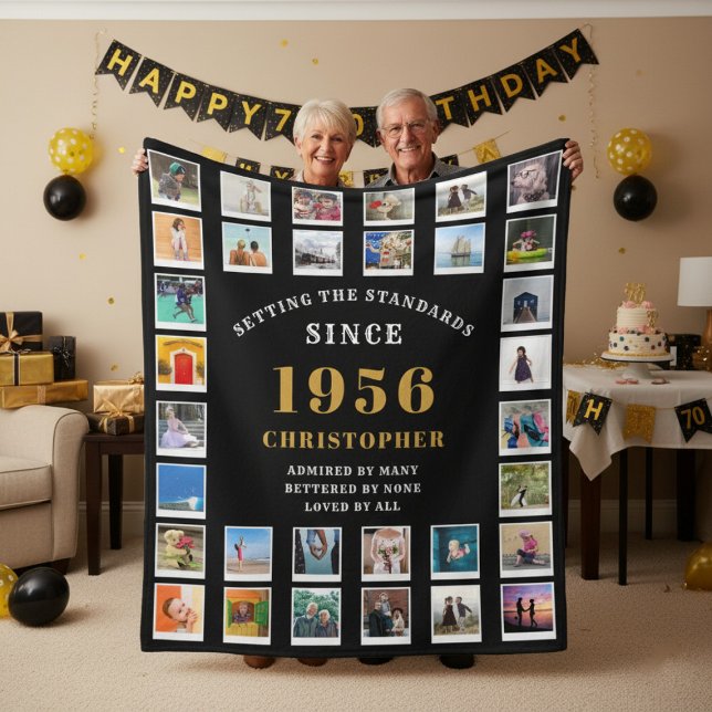 70th Birthday Family Memories Photo Collage  Fleece Blanket (Born 1956 fleece  blanket held up by a couple.)