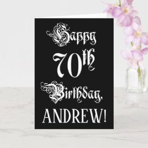 70th Birthday: Fancy, Elegant Script + Custom Name Card