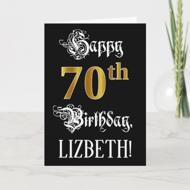 70th Birthday — Fancy Script; Faux Gold Look; Name Card (Front)