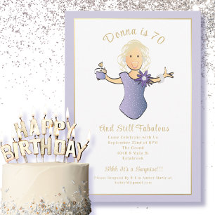 70th Birthday Female Cartoon Blue Gold Fab 70 Invitation