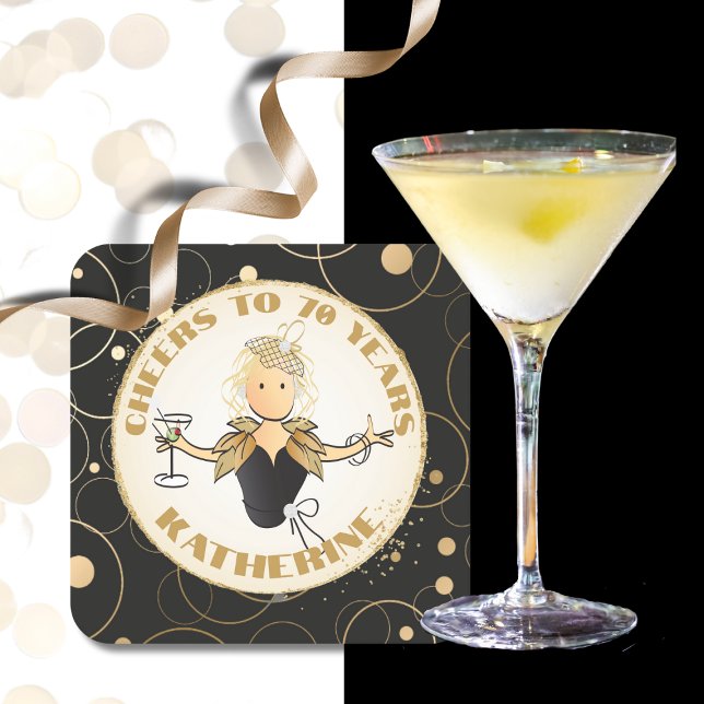 70th Birthday Female Cartoon Gold Black Fabulous  Square Paper Coaster (Creator Uploaded)