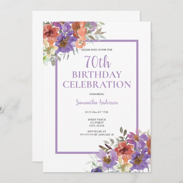 70th Birthday  Floral Invitation (Front/Back)