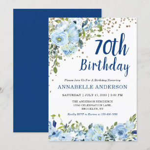 70th Birthday Floral Navy Blue Gold Glitter Dots Invitation