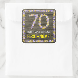 70th Birthday: Floral Number, Faux Wood Look, Name Square Sticker