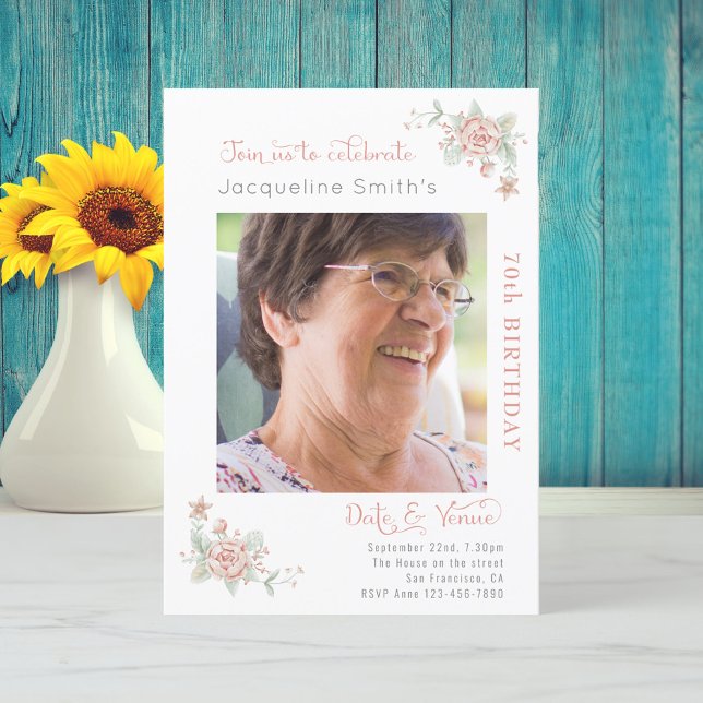 70th Birthday Floral Photo Invitation (Creator Uploaded)
