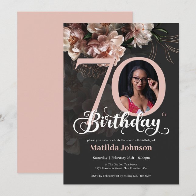 70th Birthday Floral Pink Elegant Custom Photo Invitation (Front/Back)