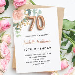 70th birthday floral rose gold eucalyptus greenery invitation<br><div class="desc">An elegant invitation for a 70th birthday party. A chic white background. Decorated with a rose gold and blush pink watercolored rose flower, floral, green eucalyptus leaves, sprigs, greenery and faux gold sprigs. Personalise and the name and party details. Black and golden letters. The name is written with a modern...</div>