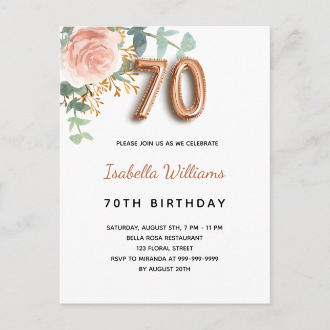 70th birthday floral rose gold eucalyptus greenery invitation postcard (Front)