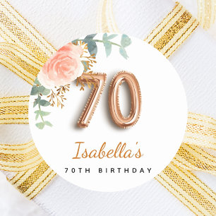 70th birthday floral rose gold eucalyptus monogram classic round sticker