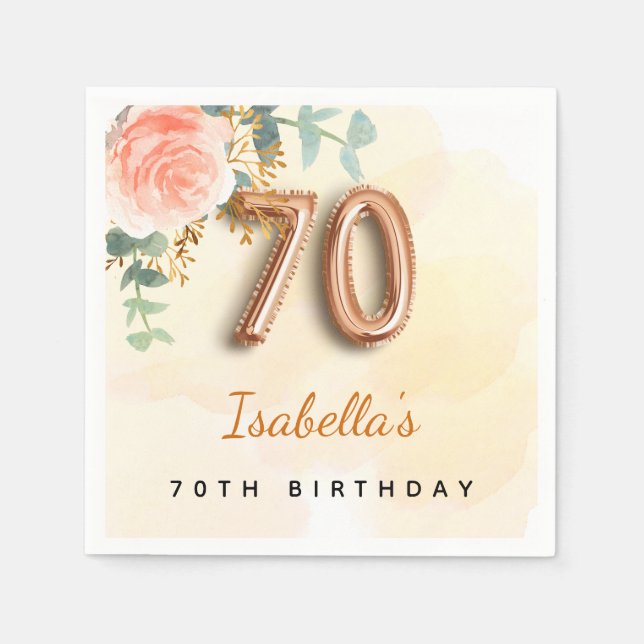 70th birthday floral rose gold eucalyptus monogram napkin (Front)