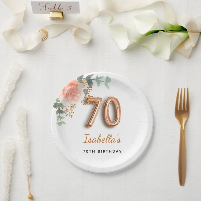 70th birthday floral rose gold eucalyptus monogram paper plate (Wedding)