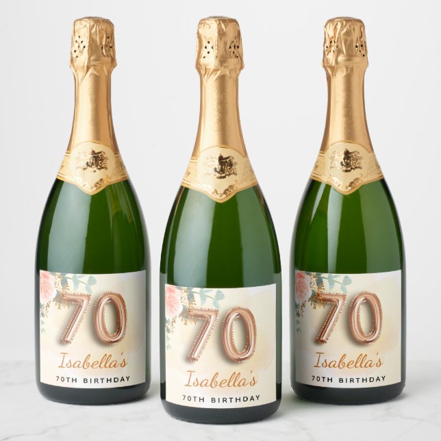 70th birthday floral rose gold eucalyptus monogram sparkling wine label (Bottles)