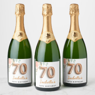 70th birthday floral rose gold eucalyptus monogram sparkling wine label
