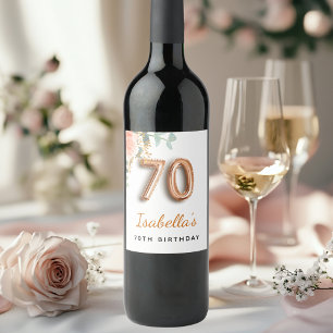 70th birthday floral rose gold eucalyptus monogram wine label