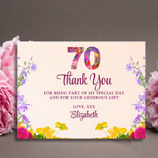 70th birthday floral thanks modern 70 years party postcard (Creator Uploaded)