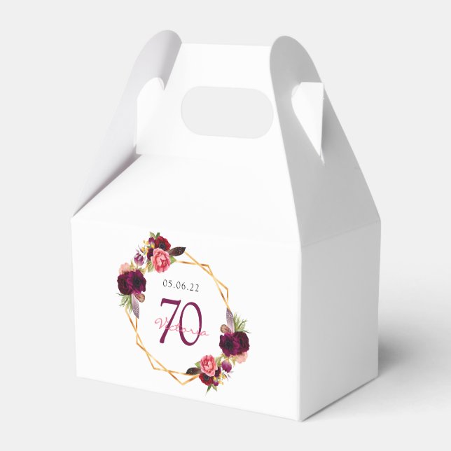 70th birthday florals gold geometric burgundy favour box (Front Side)