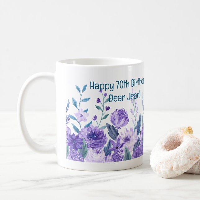 70th Birthday Flowers Love Elegant Modern Floral Coffee Mug (With Donut)