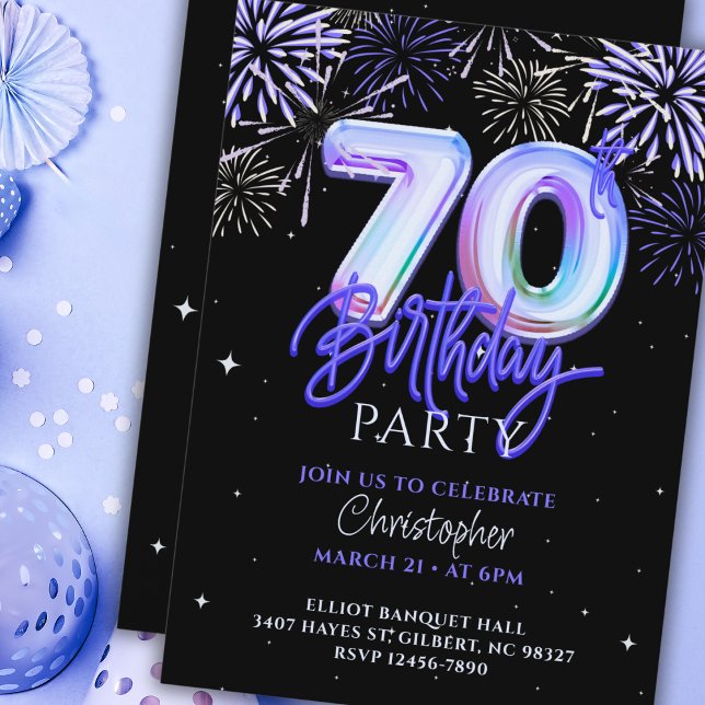 70th Birthday for Him Blue Fireworks Foil Balloon  Invitation (Creator Uploaded)