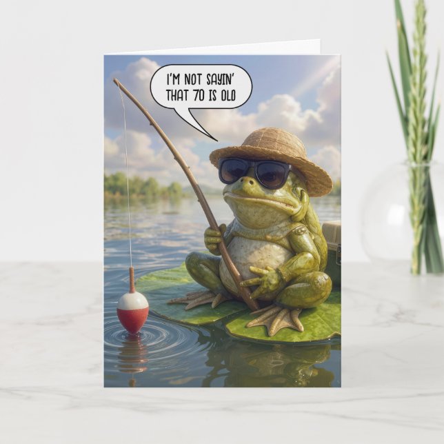 70th Birthday Frog Fishing on Lily Pad Card (Front)