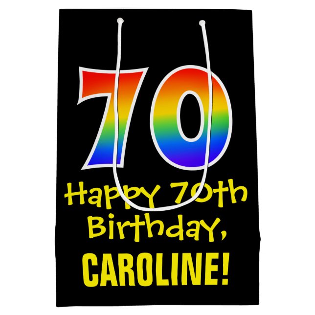 70th Birthday: Fun, Bold, Colourful, Rainbow "70" Medium Gift Bag (Back)