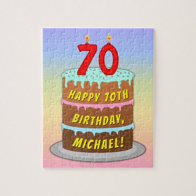 70th Birthday: Fun Cake and Candles + Custom Name Jigsaw Puzzle (Vertical)
