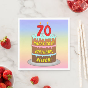 70th Birthday: Fun Cake and Candles + Custom Name Napkin