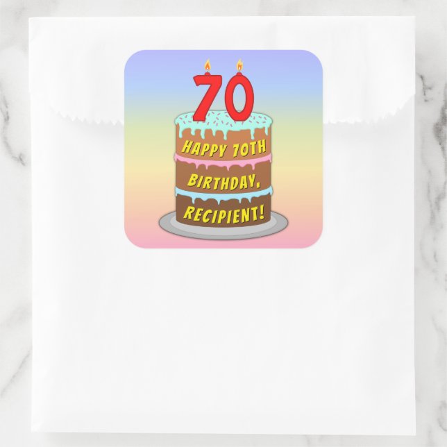 70th Birthday: Fun Cake and Candles + Custom Name Square Sticker (Bag)
