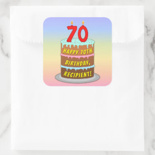70th Birthday: Fun Cake and Candles + Custom Name Square Sticker