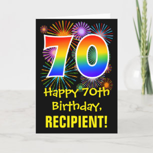 70th Birthday: Fun Fireworks Pattern + Rainbow 70 Card