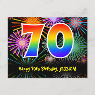 70th Birthday – Fun Fireworks Pattern + Rainbow 70 Postcard