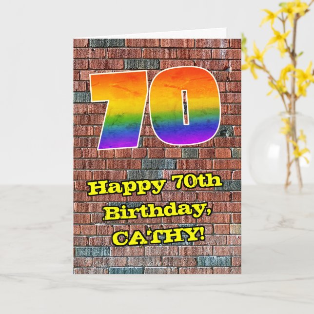 70th Birthday: Fun Graffiti-Inspired Rainbow 70 Card (Yellow Flower)