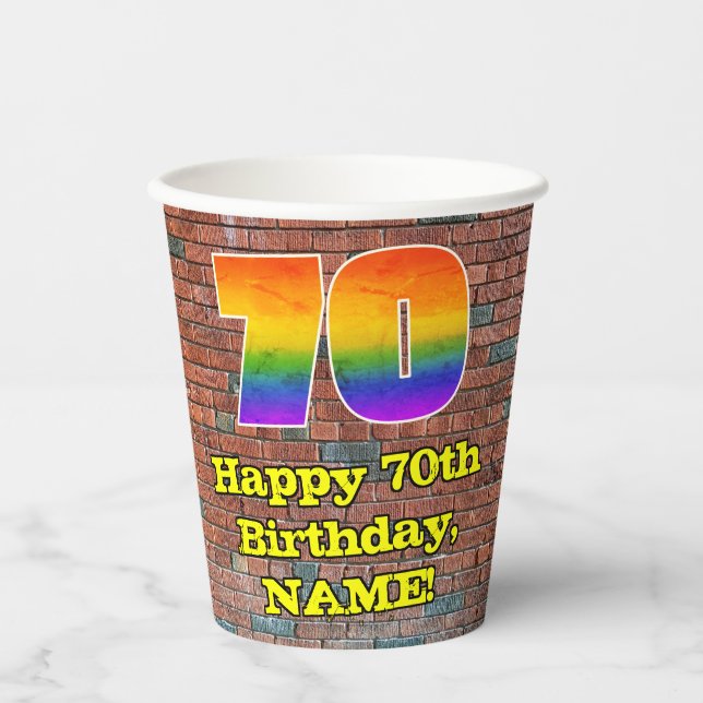 70th Birthday: Fun Graffiti-Inspired Rainbow 70 Paper Cups (Front)