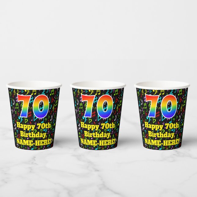 70th Birthday: Fun Music Notes Pattern, Rainbow 70 Paper Cups (Multi)
