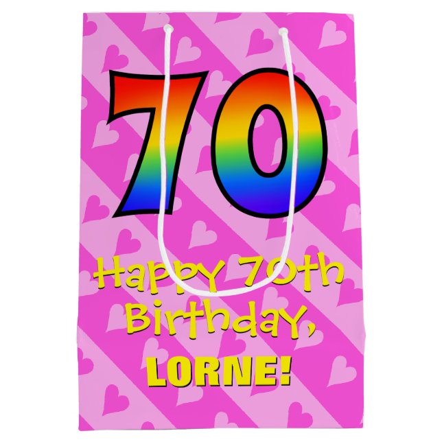 70th Birthday: Fun Pink Hearts Stripes; Rainbow 70 Medium Gift Bag (Back)