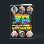 70th Birthday: Fun Rainbow #, Custom Name & Photos Card<br><div class="desc">The front of this cheerful and fun birthday themed greeting card design features the number “70“ having a vibrant rainbow spectrum inspired gradient pattern, along with the message “HAPPY 70th BIRTHDAY, ” and a customisable name, on a multicolored bursting fireworks inspired pattern. Near the top and the bottom of the...</div>