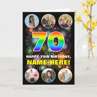 70th Birthday: Fun Rainbow #, Custom Name & Photos Card