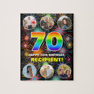 70th Birthday: Fun Rainbow #, Custom Name + Photos Jigsaw Puzzle