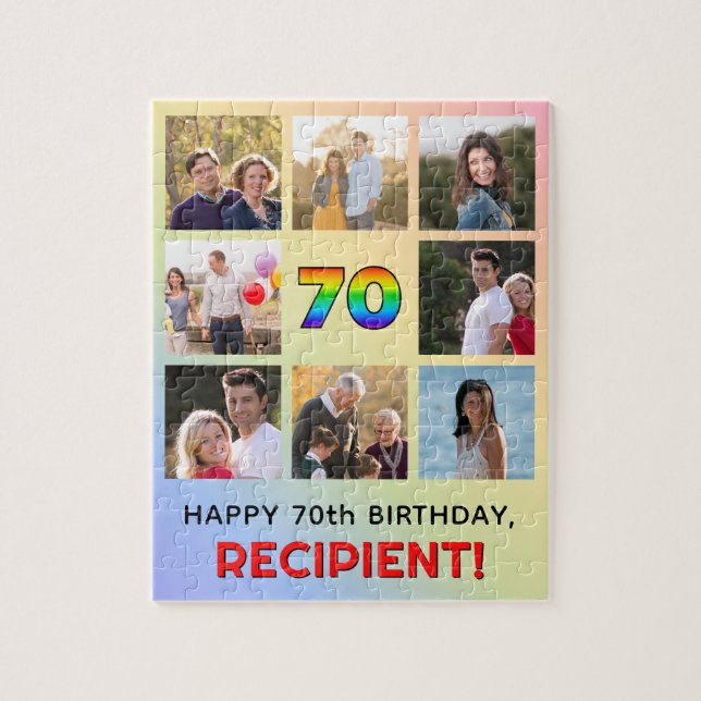 70th Birthday: Fun Rainbow #, Custom Name & Photos Jigsaw Puzzle (Vertical)