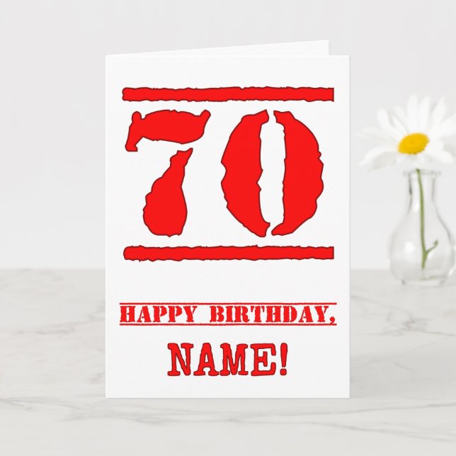 70th Birthday: Fun, Red Rubber Stamp Inspired Look Card (Small Plant)