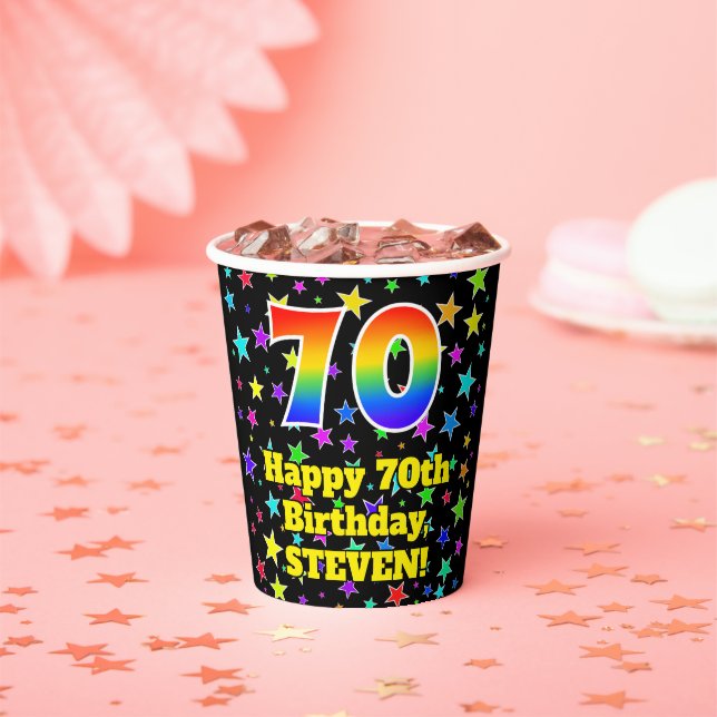 70th Birthday: Fun Stars Pattern and Rainbow 70 Paper Cups (Insitu)