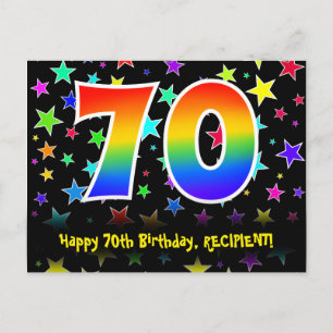70th Birthday: Fun Stars Pattern, Rainbow 70, Name Postcard